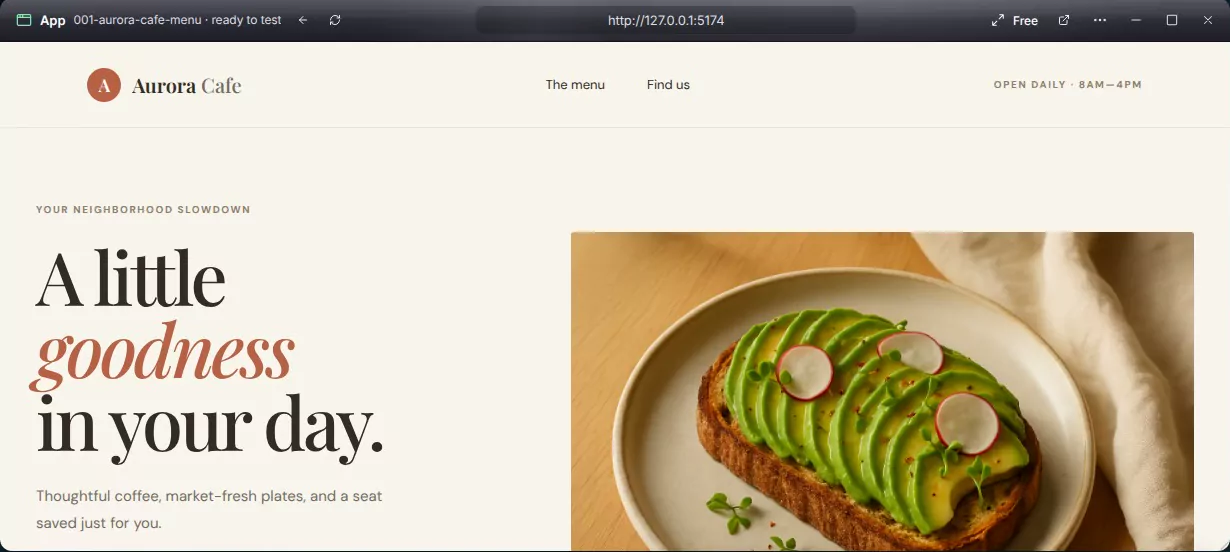 Nants screenshot: the App window showing the Aurora Cafe website running, with the headline A little goodness in your day.