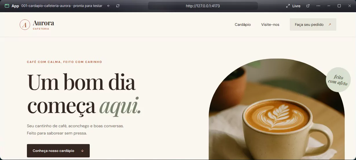Captura do Nants: a janela App mostrando o site da Cafeteria Aurora rodando, com a frase Um bom dia começa aqui.