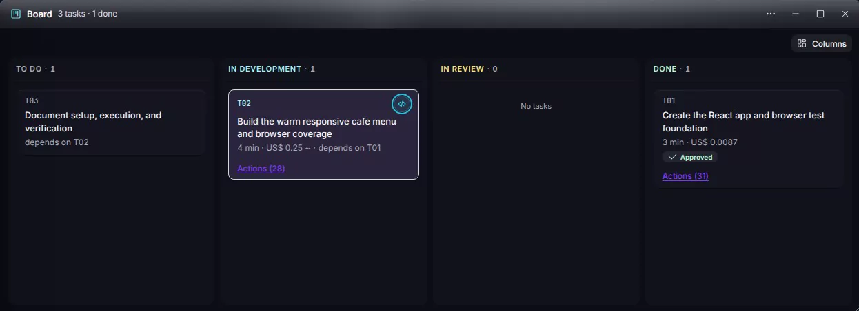 Nants screenshot: the Board with one task to do, T02 in development and T01 done and approved, each with its time and cost.