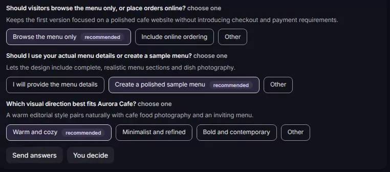 Nants screenshot: in the Conversation, the Architect asks whether visitors should only browse the menu, whether to use a real or a sample menu, and which visual direction to follow, with one recommended option per question.