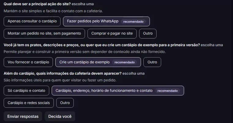 Captura do Nants: na Conversa, o Arquiteto pergunta qual deve ser a principal ação do site, se já existe um cardápio e quais informações da cafeteria mostrar, com uma opção recomendada em cada pergunta.
