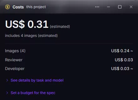 Nants screenshot: the Costs window with an estimated project total of US$ 0.31, split between images, Reviewer and Developer.
