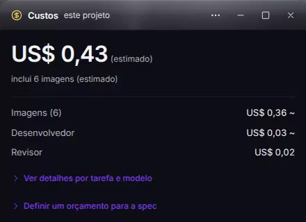 Captura do Nants: a janela Custos com o total estimado de US$ 0,43 do projeto, dividido entre imagens, Desenvolvedor e Revisor.