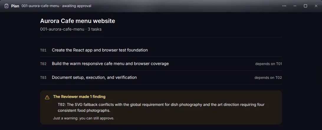 Nants screenshot: the Plan Aurora Cafe menu website, with three tasks, T01 to T03, and one warning from the Reviewer that still allows approval.