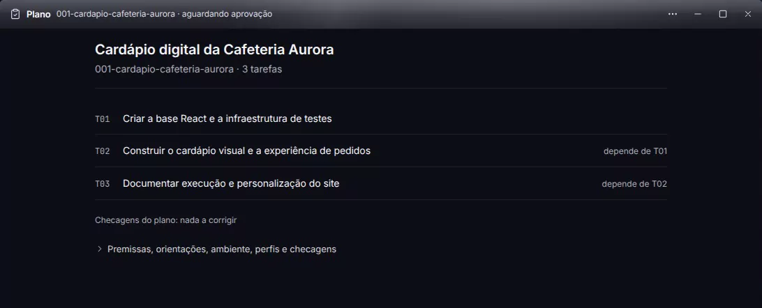 Captura do Nants: o Plano Cardápio digital da Cafeteria Aurora, com três tarefas, de T01 a T03, e as checagens do plano sem nada a corrigir.